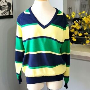 Lady LaMode active sportswear blue, yellow and green V neck sweater size XL.